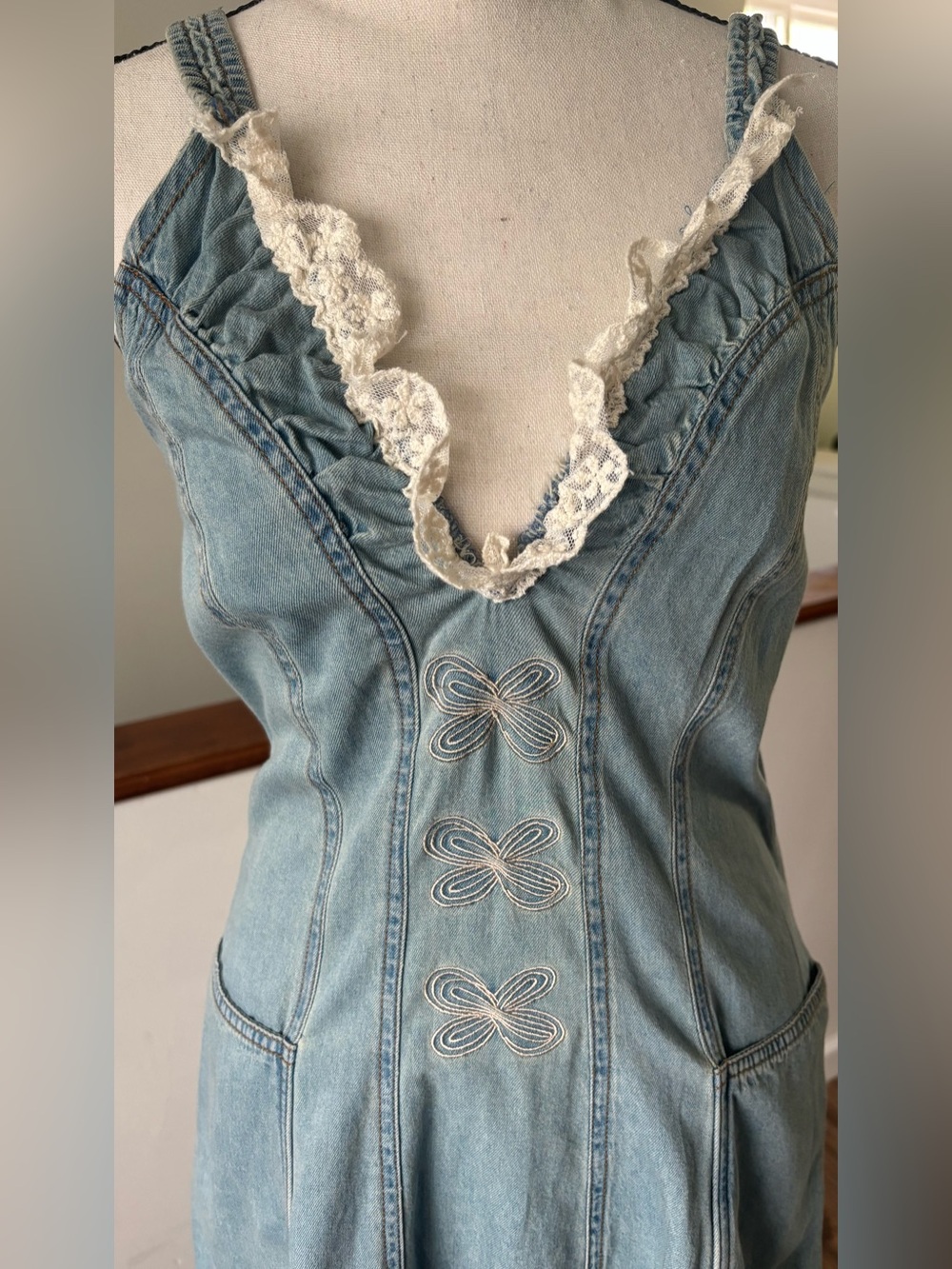 Oyrosy Boho Lace Denim Retro Dress Size Small - Picture 4 of 10